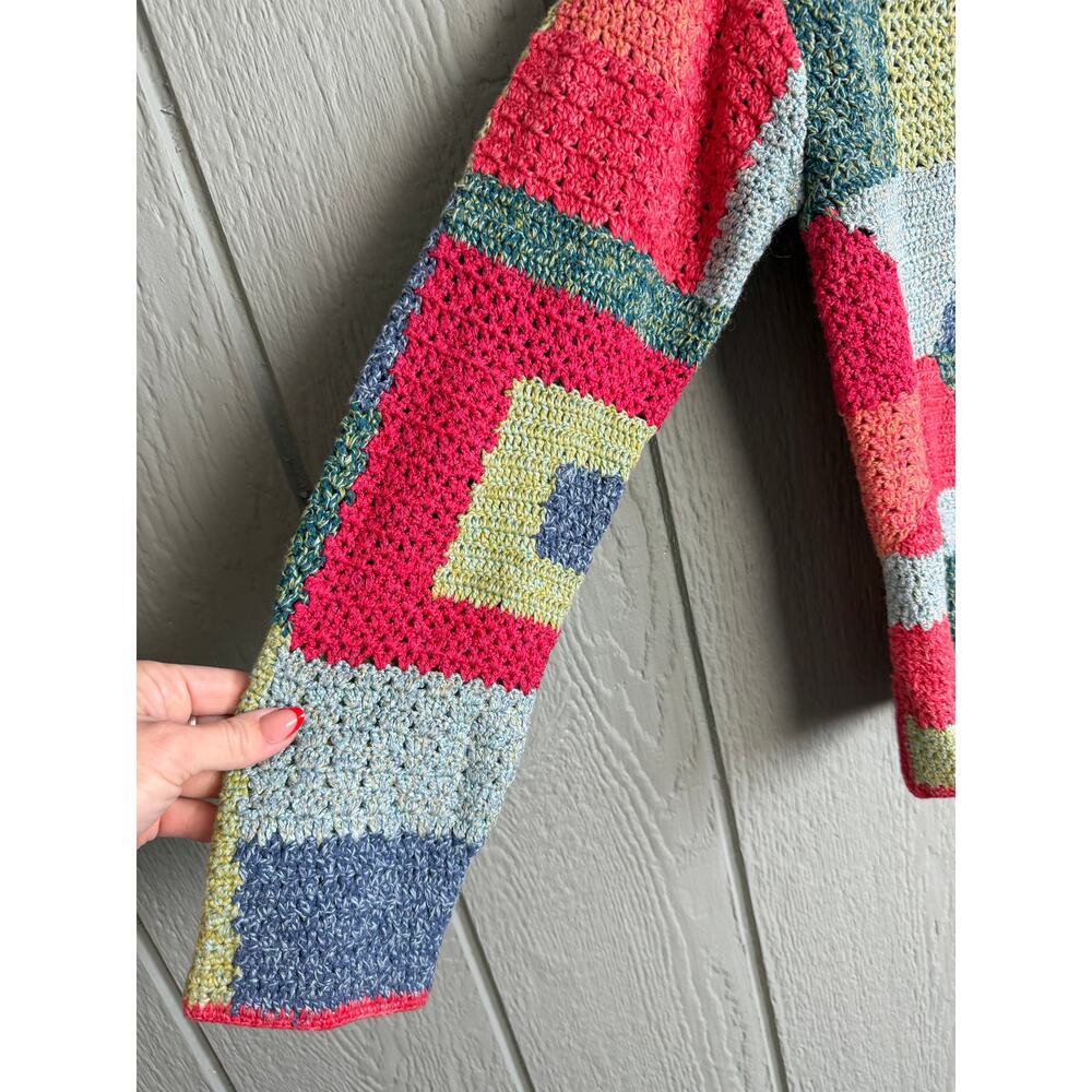 Vintage 2002 Susan Bristol Hand Knit Patchwork Crochet Cardigan Sweater M - Picture 2 of 7